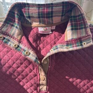 Burgundy Quilted Pullover with Plaid Collar